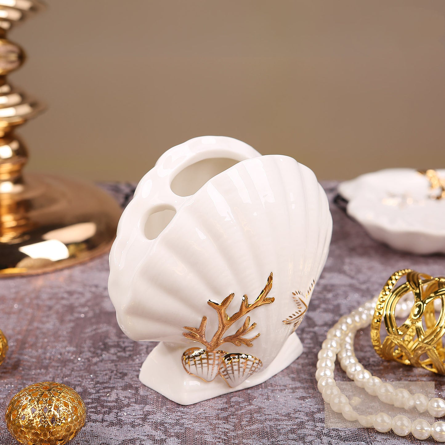Keramik Badezimmer Set – Zahnbürstenhalter & Accessoires mit Goldrahmen (Luxus Design)