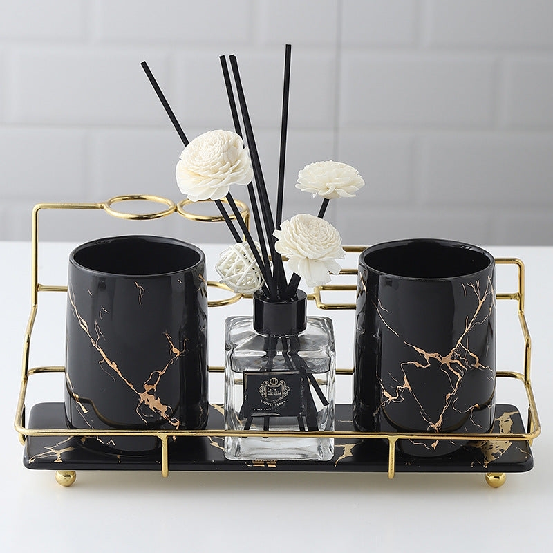 Keramik Badezimmer Set – Zahnbürstenhalter & Organizer mit Goldrahmen (Luxus Design)