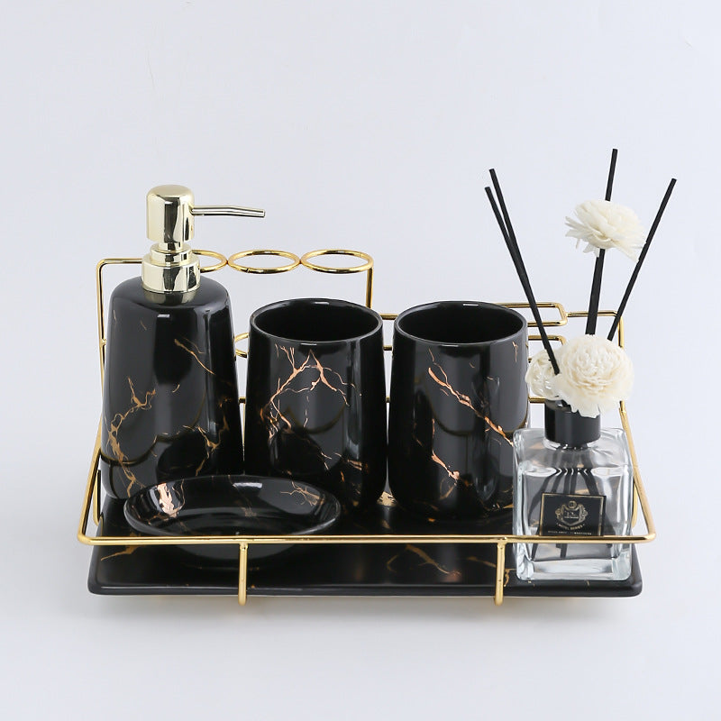 Keramik Badezimmer Set – Zahnbürstenhalter & Organizer mit Goldrahmen (Luxus Design)