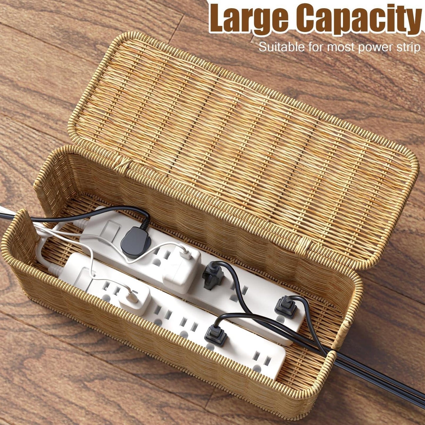Kabelbox aus Holz im Rattan-Design – Kabel Organizer für Steckdosen & Kabelmanagement