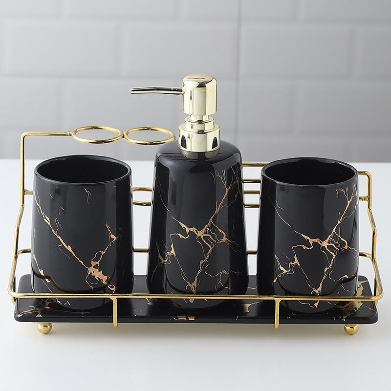 Keramik Badezimmer Set – Zahnbürstenhalter & Organizer mit Goldrahmen (Luxus Design)
