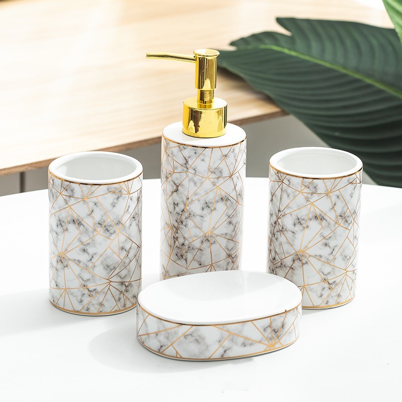 Keramik Badezimmer Set – Seifenspender & Zahnbürstenhalter Set (4-teilig, Luxus Design)