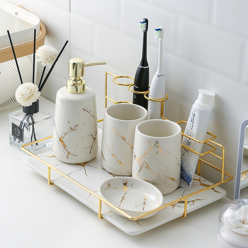 Keramik Badezimmer Set – Zahnbürstenhalter & Organizer mit Goldrahmen (Luxus Design)