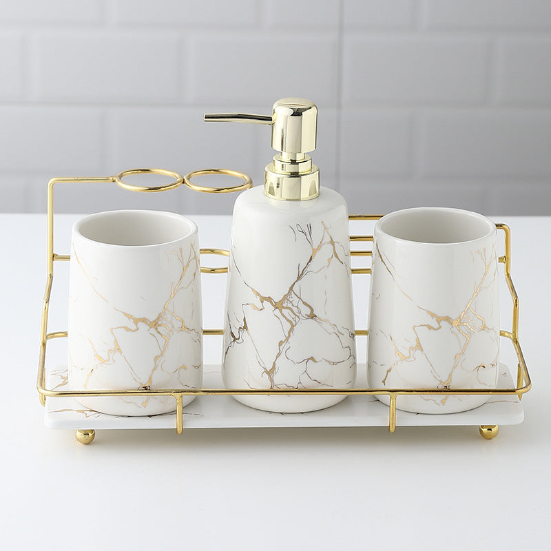Keramik Badezimmer Set – Zahnbürstenhalter & Organizer mit Goldrahmen (Luxus Design)
