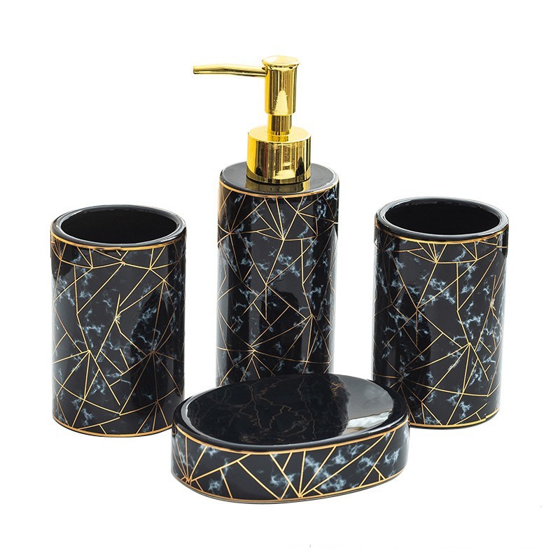 Keramik Badezimmer Set – Seifenspender & Zahnbürstenhalter Set (4-teilig, Luxus Design)