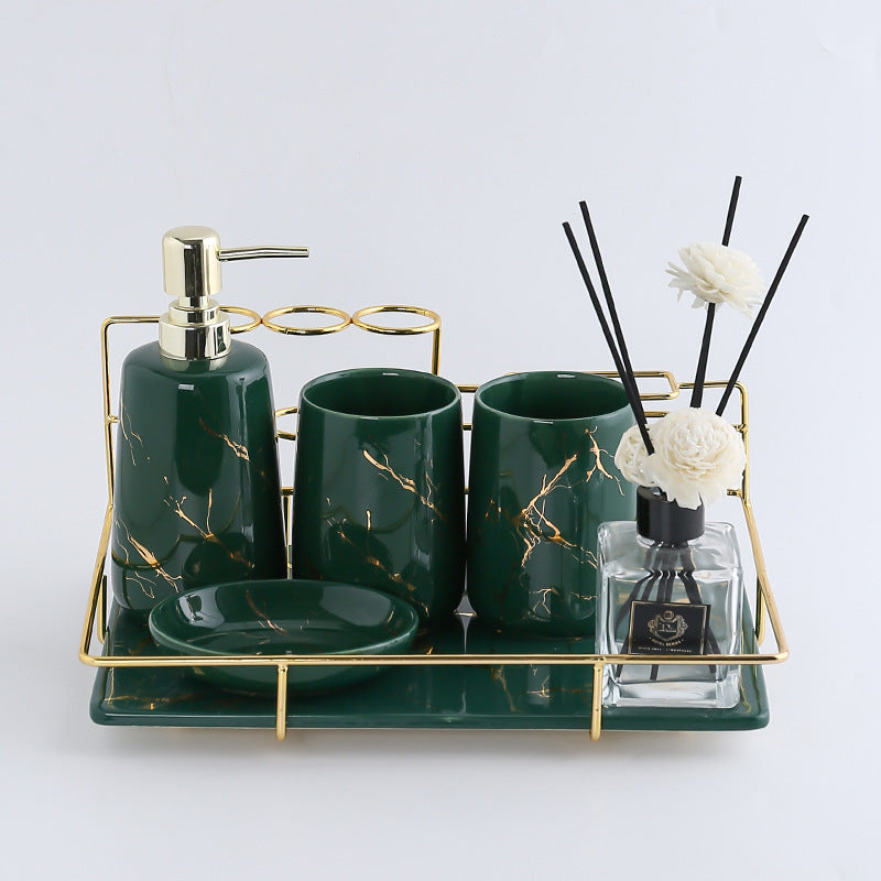 Keramik Badezimmer Set – Zahnbürstenhalter & Organizer mit Goldrahmen (Luxus Design)