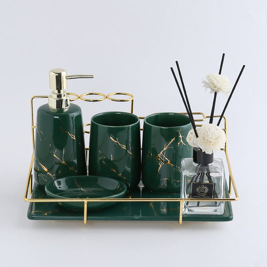 Keramik Badezimmer Set – Zahnbürstenhalter & Organizer mit Goldrahmen (Luxus Design)