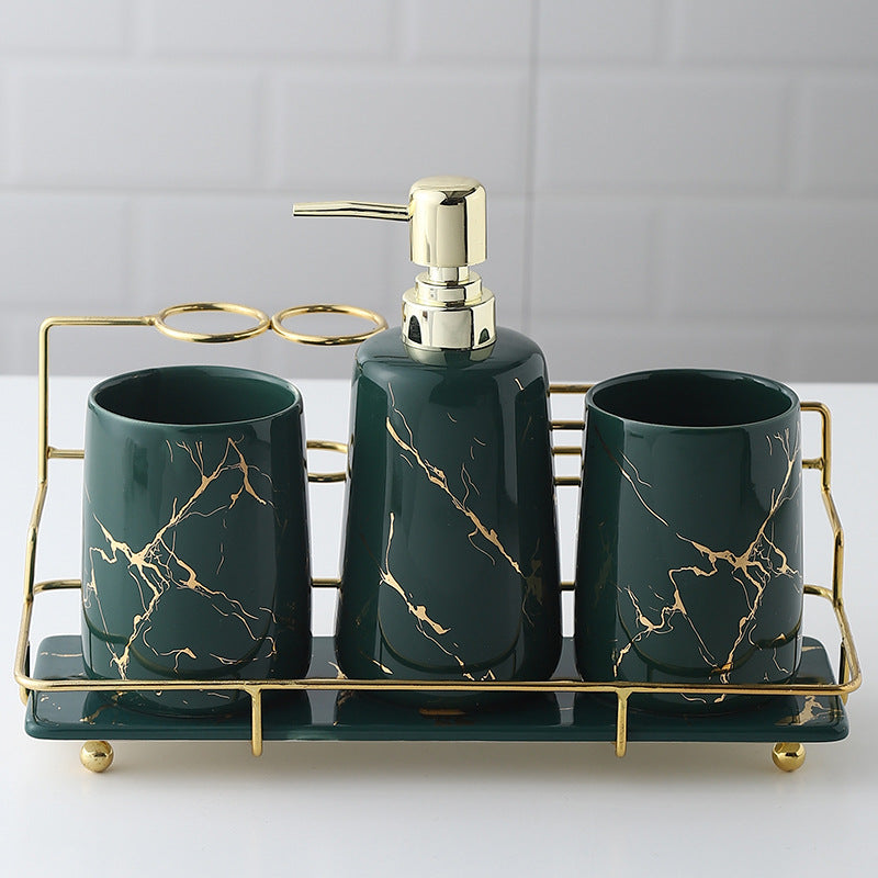 Keramik Badezimmer Set – Zahnbürstenhalter & Organizer mit Goldrahmen (Luxus Design)
