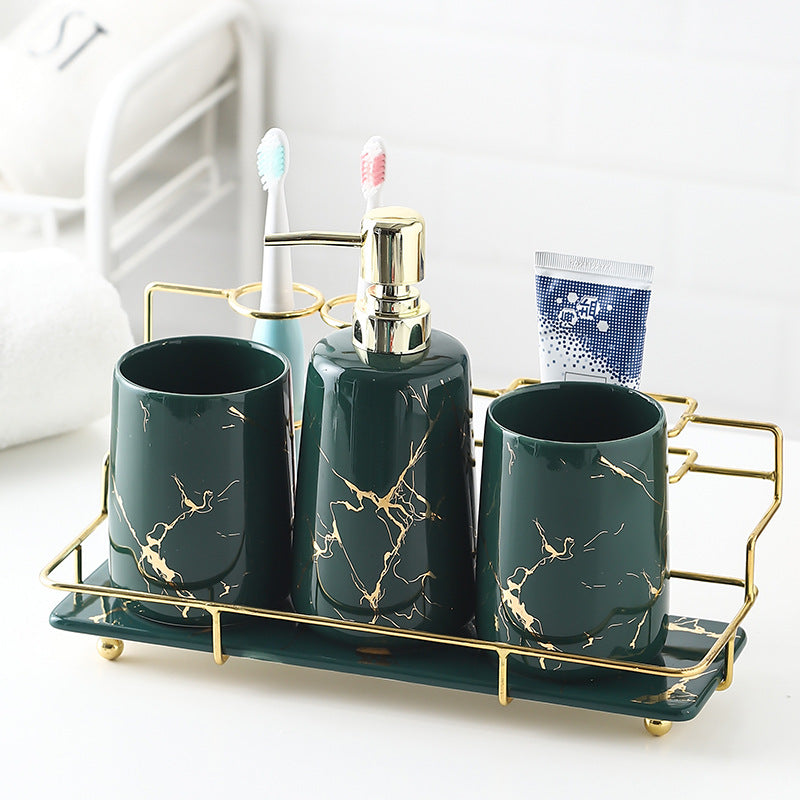 Keramik Badezimmer Set – Zahnbürstenhalter & Organizer mit Goldrahmen (Luxus Design)