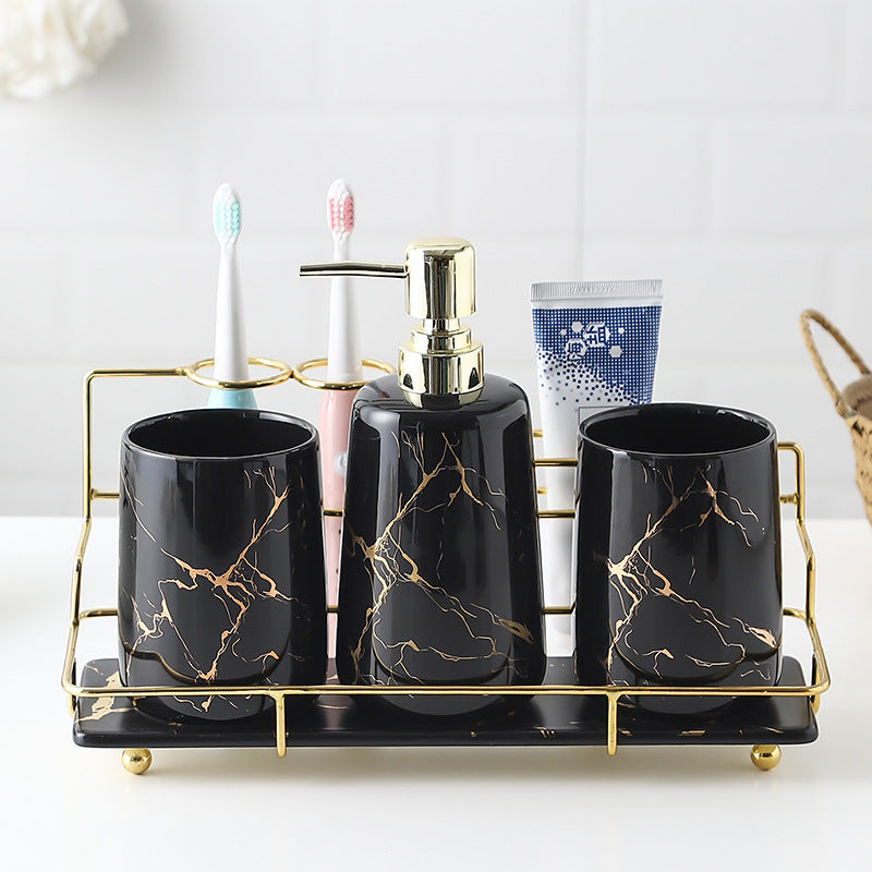Keramik Badezimmer Set – Zahnbürstenhalter & Organizer mit Goldrahmen (Luxus Design)