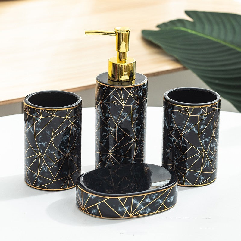 Keramik Badezimmer Set – Seifenspender & Zahnbürstenhalter Set (4-teilig, Luxus Design)