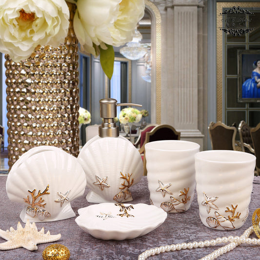 Keramik Badezimmer Set – Zahnbürstenhalter & Accessoires mit Goldrahmen (Luxus Design)