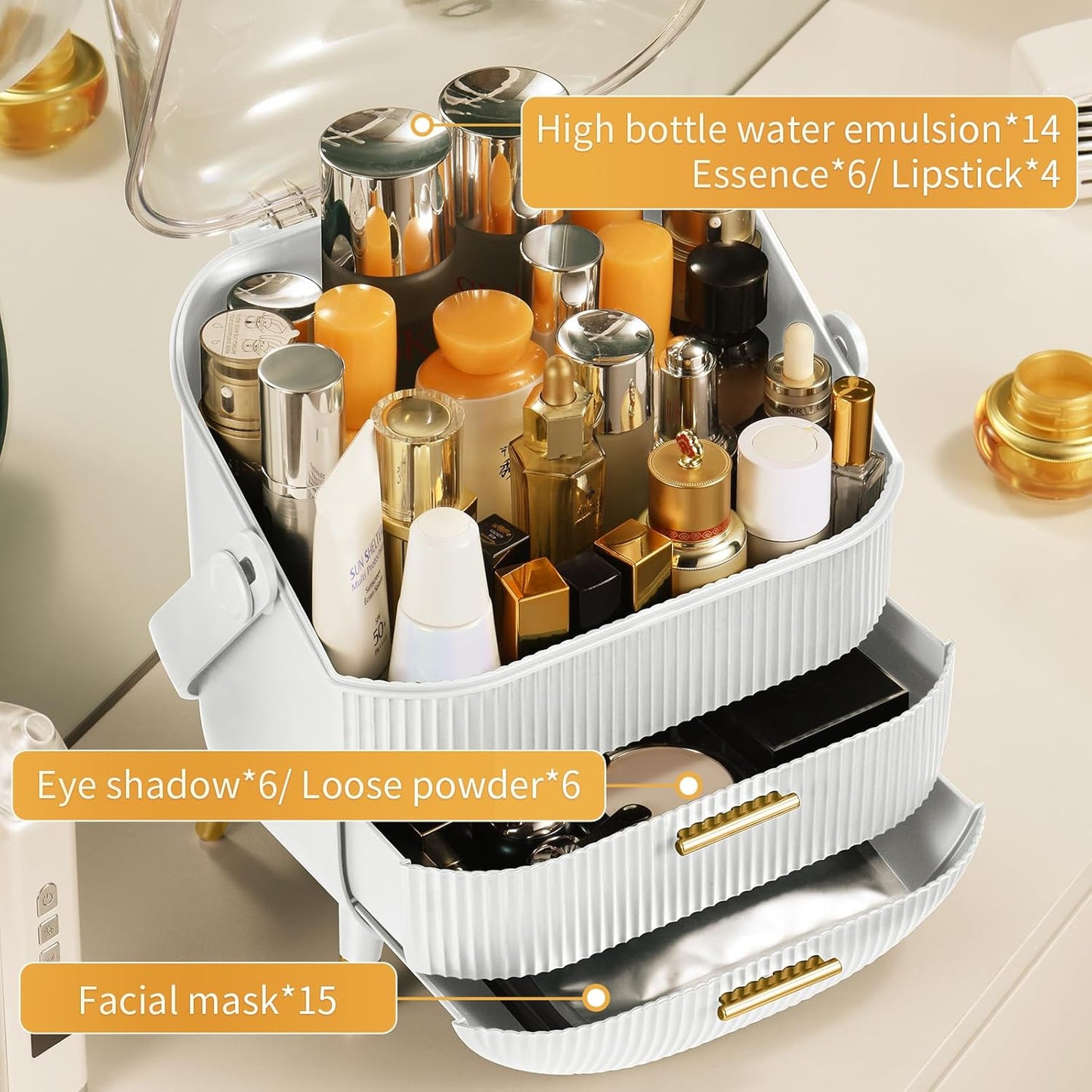 Kosmetik Organizer mit Deckel & Schubladen – Große Make-up Aufbewahrungsbox mit Griff