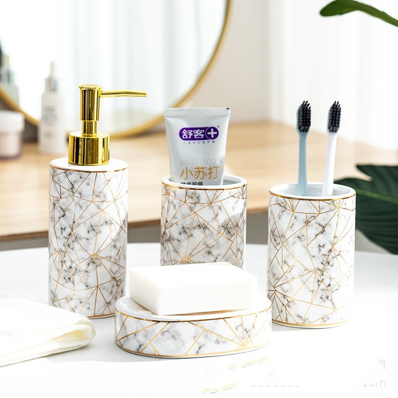 Keramik Badezimmer Set – Seifenspender & Zahnbürstenhalter Set (4-teilig, Luxus Design)