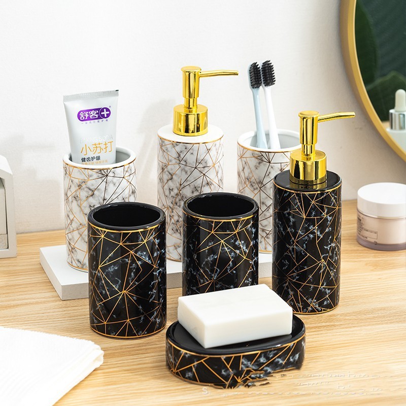 Keramik Badezimmer Set – Seifenspender & Zahnbürstenhalter Set (4-teilig, Luxus Design)