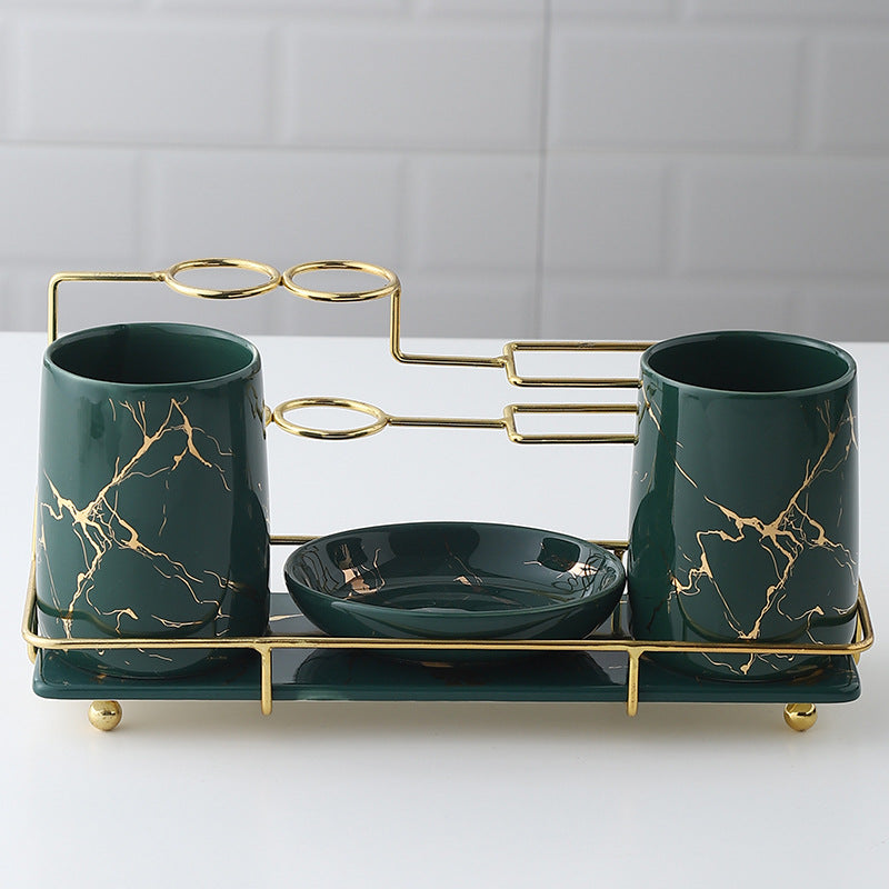 Keramik Badezimmer Set – Zahnbürstenhalter & Organizer mit Goldrahmen (Luxus Design)