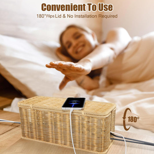 Kabelbox aus Holz im Rattan-Design – Kabel Organizer für Steckdosen & Kabelmanagement