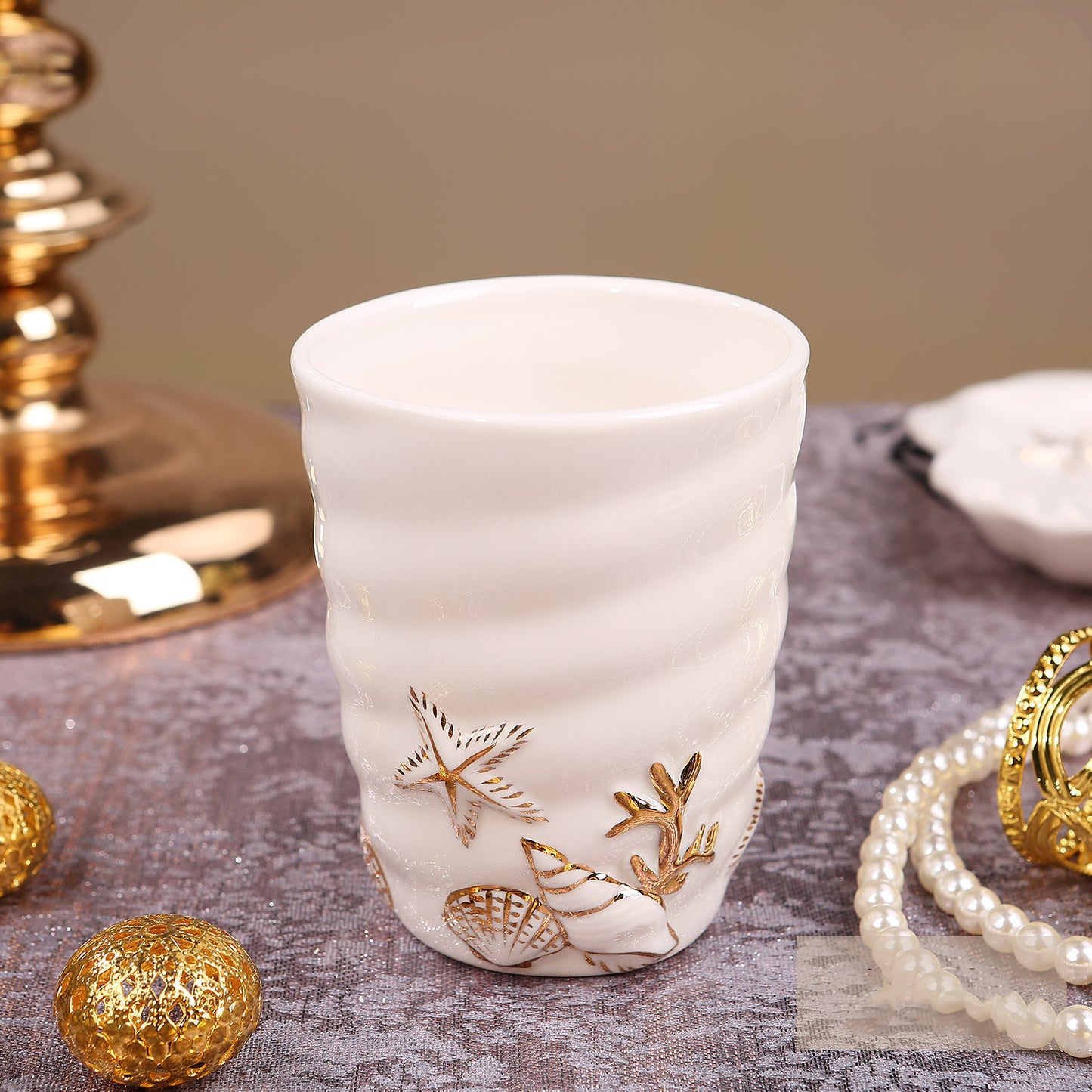 Keramik Badezimmer Set – Zahnbürstenhalter & Accessoires mit Goldrahmen (Luxus Design)